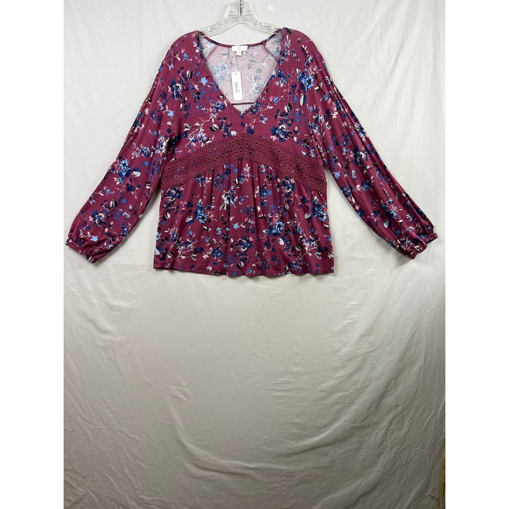 Charming Charlie Blouse Women Medium Pink Floral V-Neck Crochet Lace Popover New